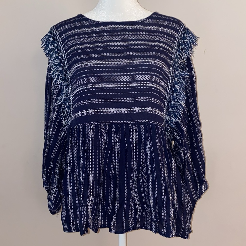 Francesca’s Collections “Blue Rain” Boho Stripe Fringe Open Back Blouse